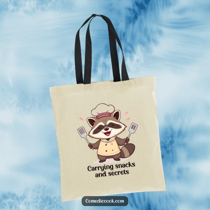 Funny raccoon chef tote bag showing him juggling spatulas with a mischievous grin, perfect for carrying kitchen essentials with flair.