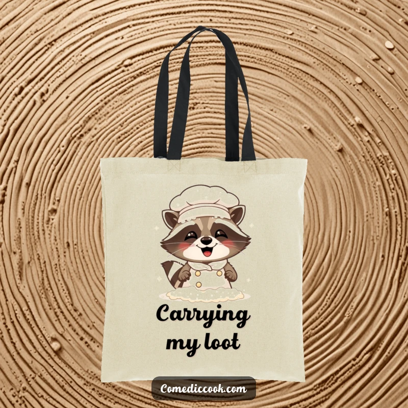 Funny Raccoon Chef Tote Bag: A durable tote showing a giggling raccoon chef comically covered in baking flour.