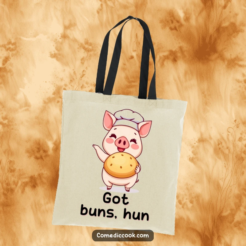 Funny Pig Chef Tote Bag: A durable tote featuring a happy pig chef presenting a delicious baked bun.