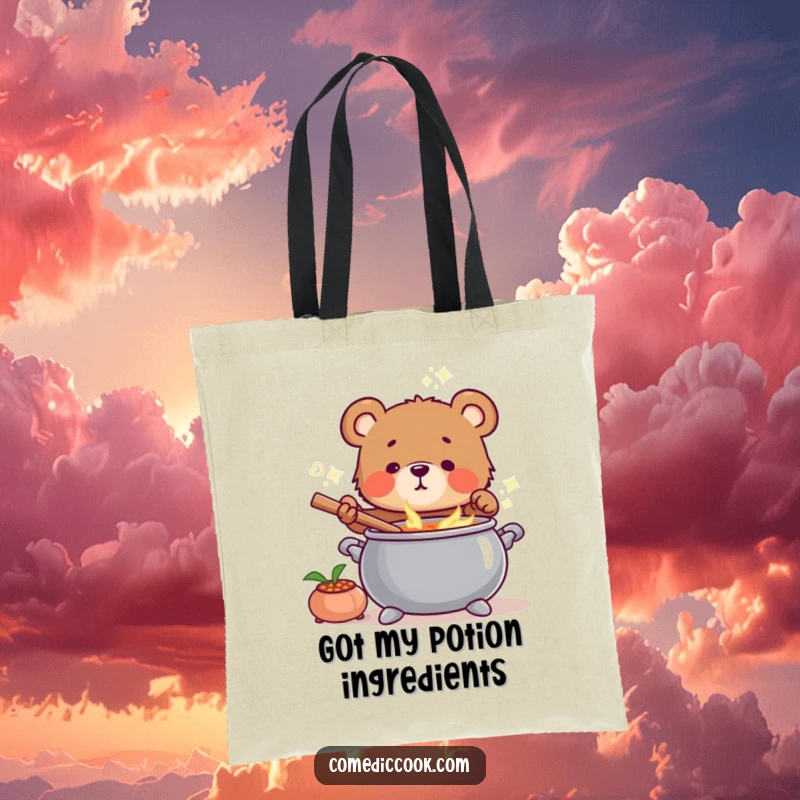 Funny Bear Cub Chef Tote Bag with a bear cub stirring a bubbling cauldron, a practical and charming accessory.