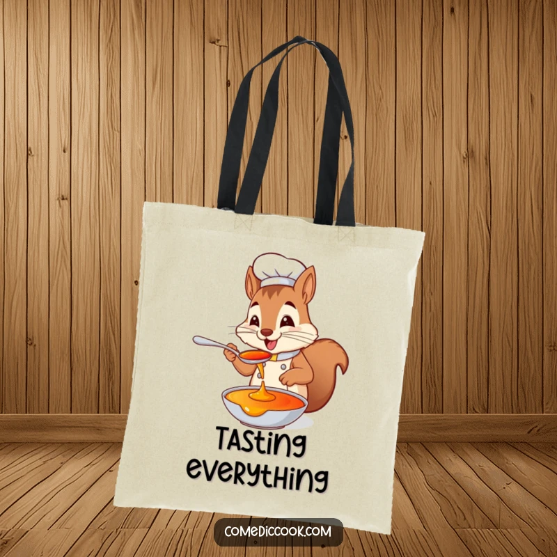 Funny squirrel chef tote bag with a playful squirrel tasting sauce from a spoon with delight, ideal for shoppers who love food and cute humor.