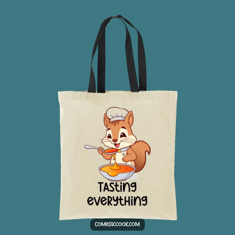 Funny Squirrel Chef Tote Bag: Tasting Sauce Design, Durable & Hilarious Carry-All, Perfect Funny Gift!